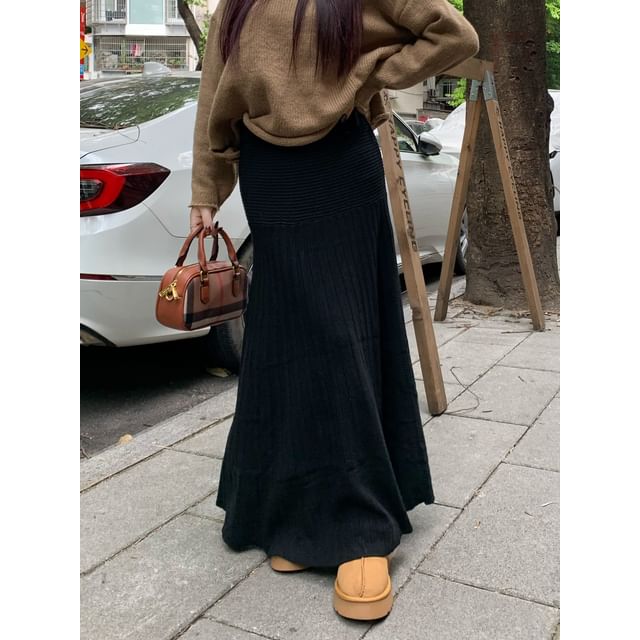 Mid Rise Striped Panel Knit Maxi Mermaid Skirt