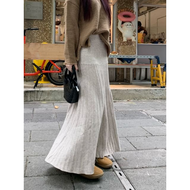 Mid Rise Striped Panel Knit Maxi Mermaid Skirt