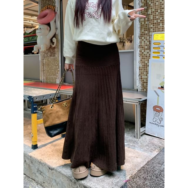 Mid Rise Striped Panel Knit Maxi Mermaid Skirt