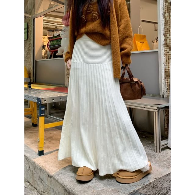 Mid Rise Striped Panel Knit Maxi Mermaid Skirt