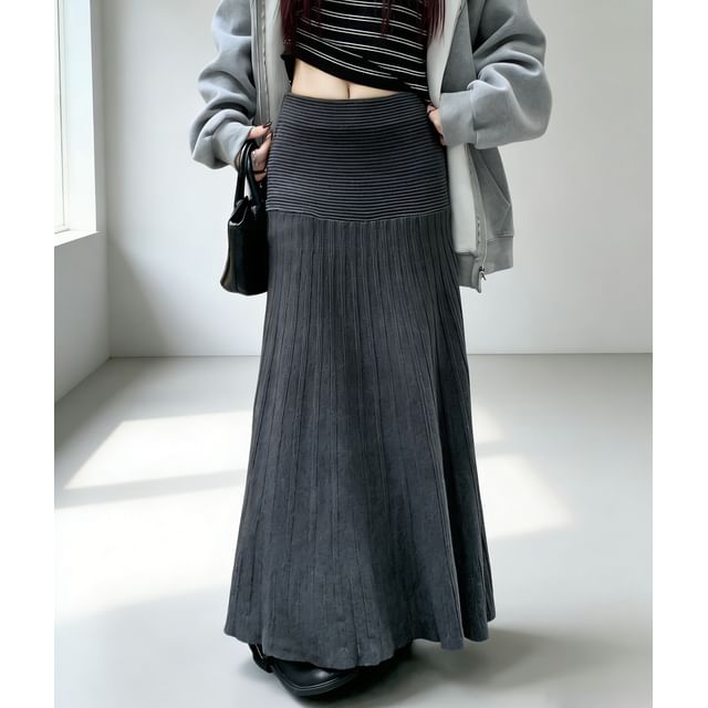 Mid Rise Striped Panel Knit Maxi Mermaid Skirt