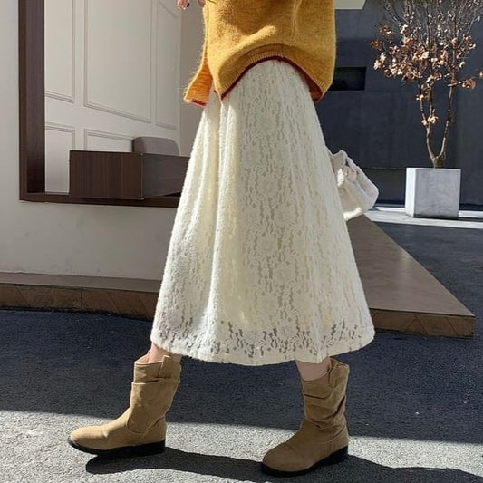 High Waist Plain Lace Midi A-Line Skirt