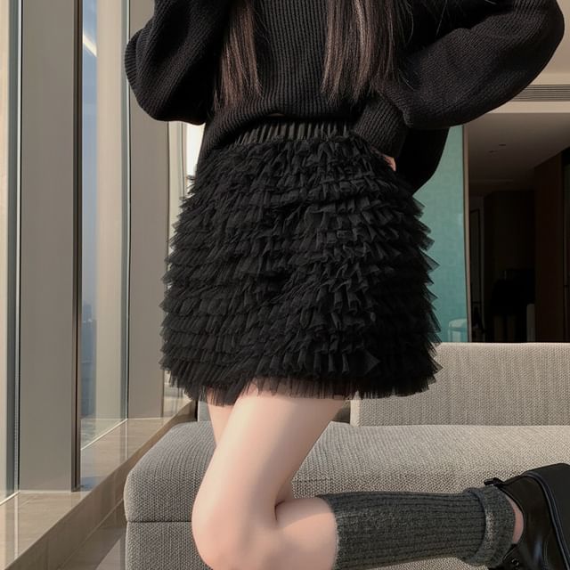 Elastic Waist Plain Tiered Mesh Mini A-Line Skirt