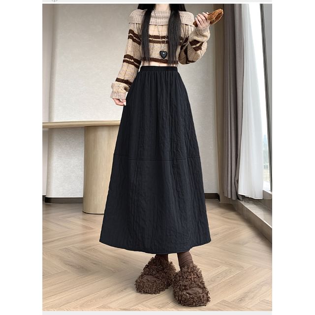 Elastic Waist Plain Panel Maxi A-Line Skirt