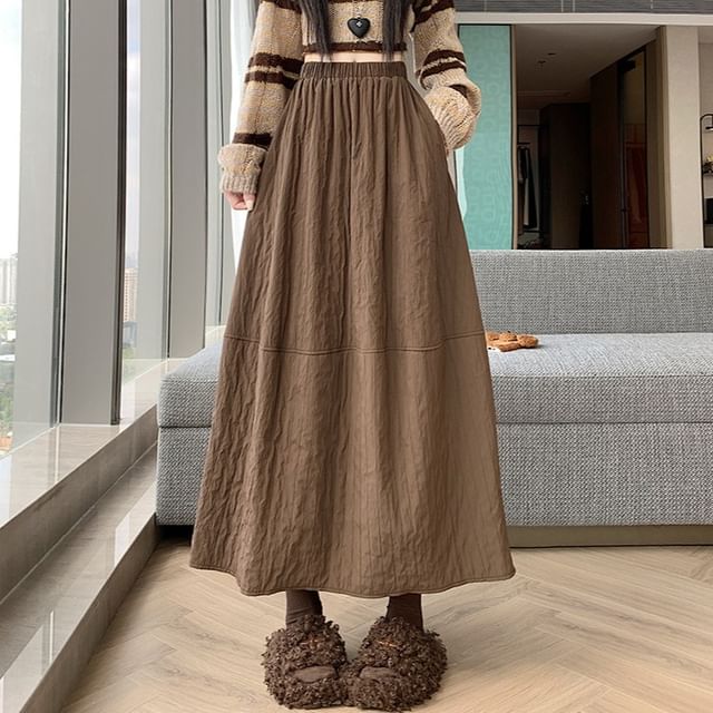 Elastic Waist Plain Panel Maxi A-Line Skirt