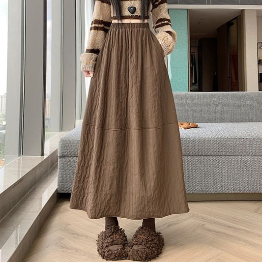 Elastic Waist Plain Panel Maxi A-Line Skirt