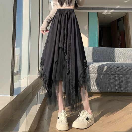 High Waist Asymmetrical Panel Mesh Maxi A-Line Skirt