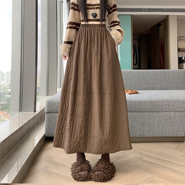 Elastic Waist Plain Panel Maxi A-Line Skirt
