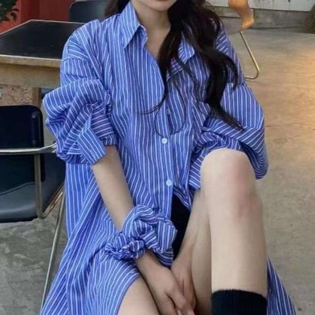Set: Collared Long Sleeve Shirt with Matching Scrunchie