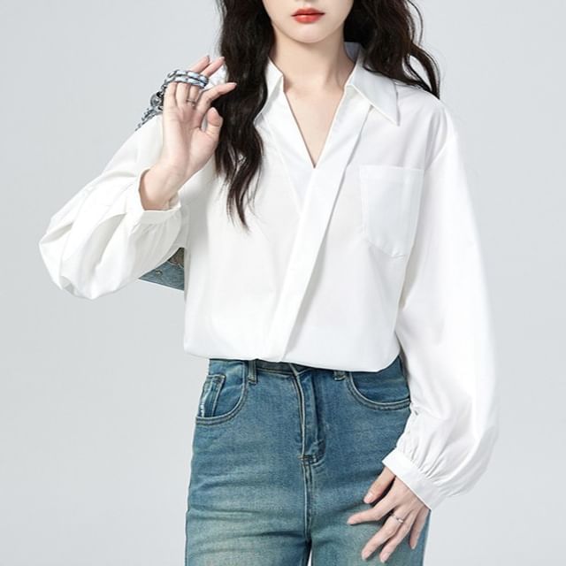 Wrap Blouse with V-Neck, Collar, and Long Sleeves