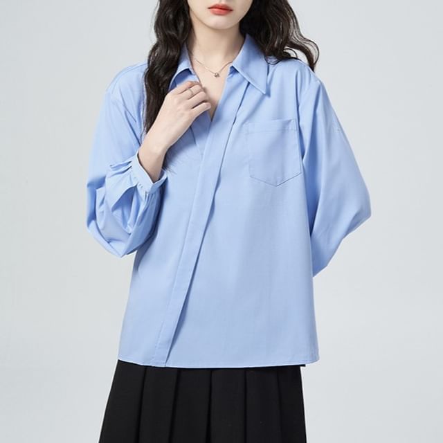 Wrap Blouse with V-Neck, Collar, and Long Sleeves