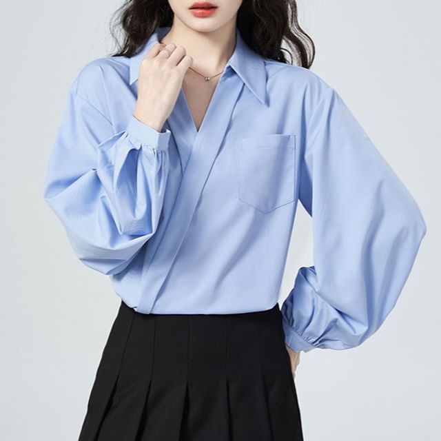 Wrap Blouse with V-Neck, Collar, and Long Sleeves