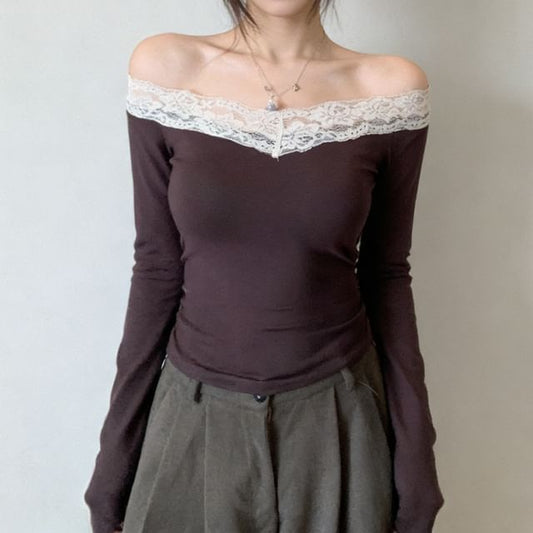 Off-Shoulder Long-Sleeve Lace Trim Shirred T-Shirt