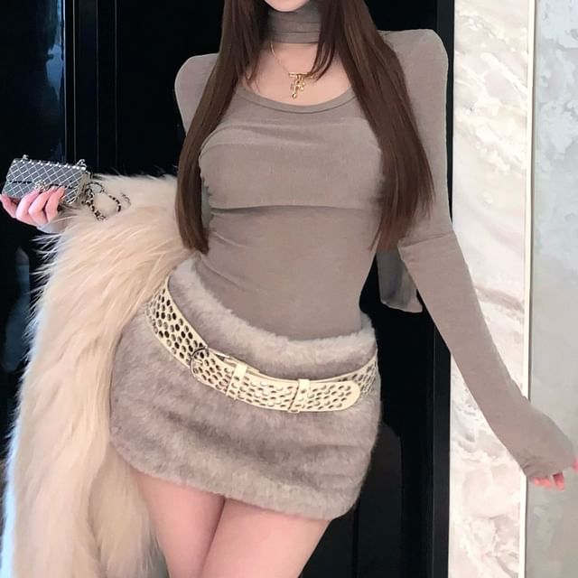 Halter Panel Top with Long Sleeves and Faux Fur Mini Pencil Skirt