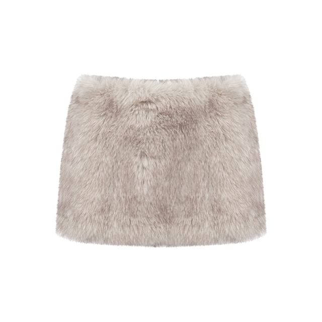 Halter Panel Top with Long Sleeves and Faux Fur Mini Pencil Skirt