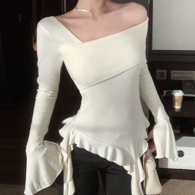 One-Shoulder Ruffle Top with Long Sleeves