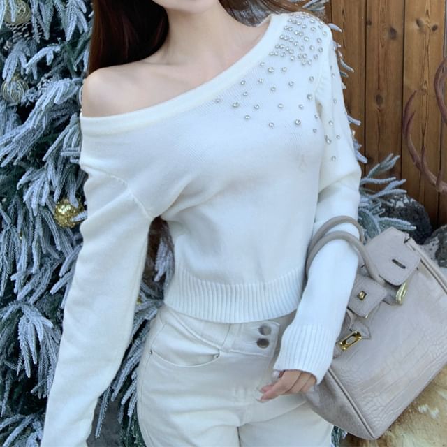 Rhinestone One-Shoulder Sweater