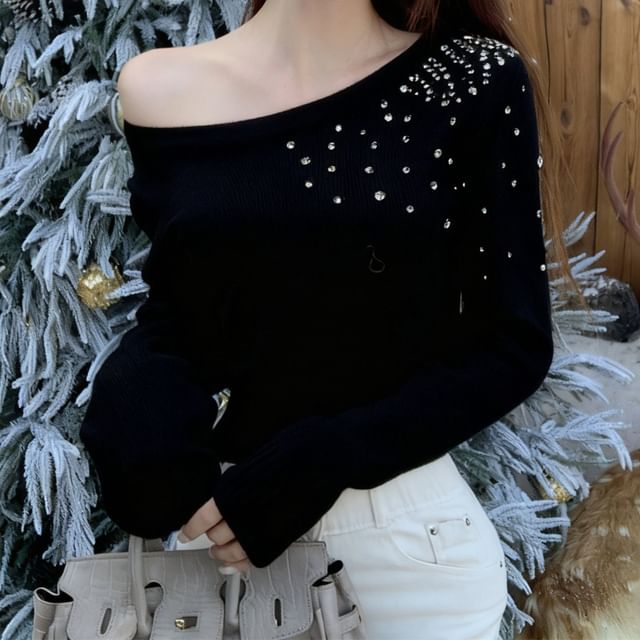 Rhinestone One-Shoulder Sweater
