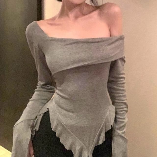 One-Shoulder Ruffle Top with Long Sleeves