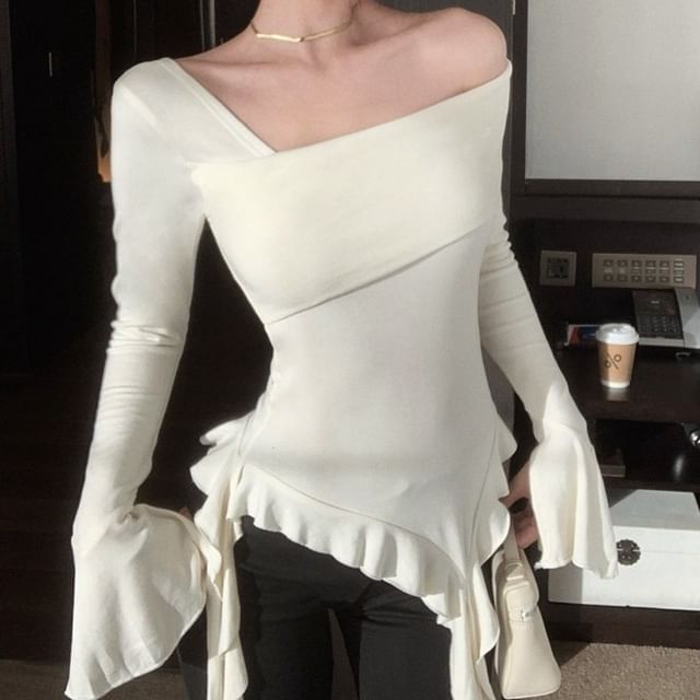 One-Shoulder Ruffle Top with Long Sleeves