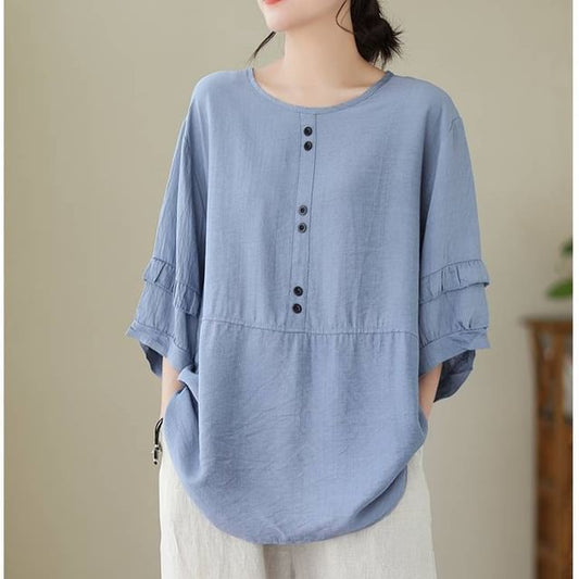 Round Neck Blouse with Three-Quarter Sleeves and Solid Color