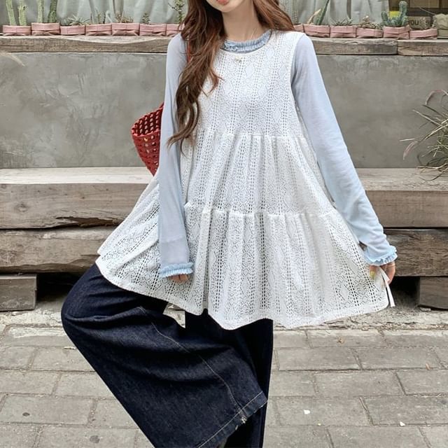 Sheer Frill-Trim Long-Sleeve Tee with Lace Side-Tie Mini Dress
