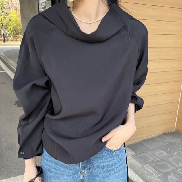Cowl Neck Blouse with Drawstring and Long Sleeves