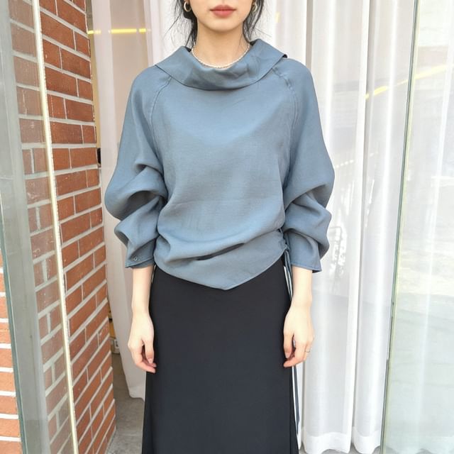Cowl Neck Blouse with Drawstring and Long Sleeves
