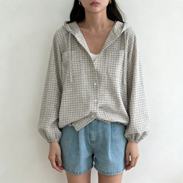 Plaid Hooded Button-Up Shirt with Long Sleeves