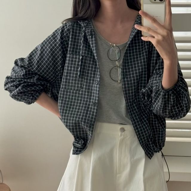 Plaid Hooded Button-Up Shirt with Long Sleeves