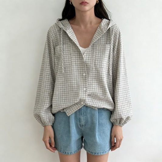 Plaid Hooded Button-Up Shirt with Long Sleeves