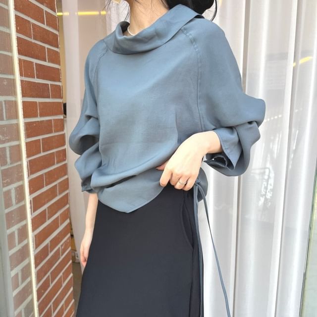 Cowl Neck Blouse with Drawstring and Long Sleeves