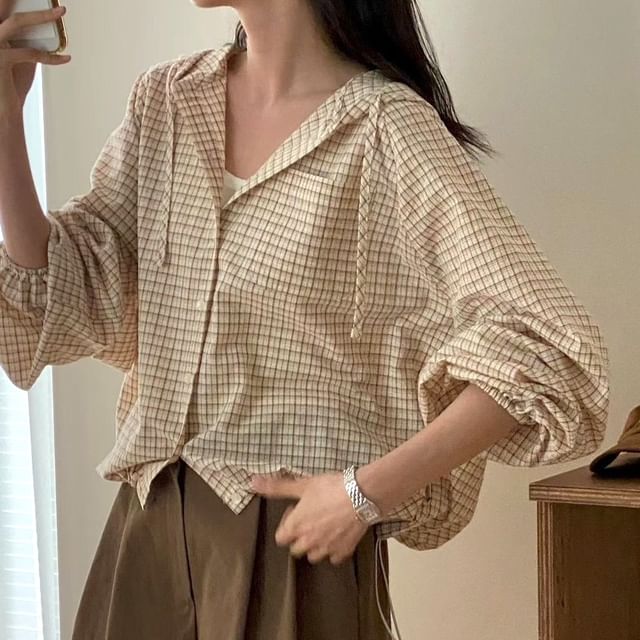 Plaid Hooded Button-Up Shirt with Long Sleeves