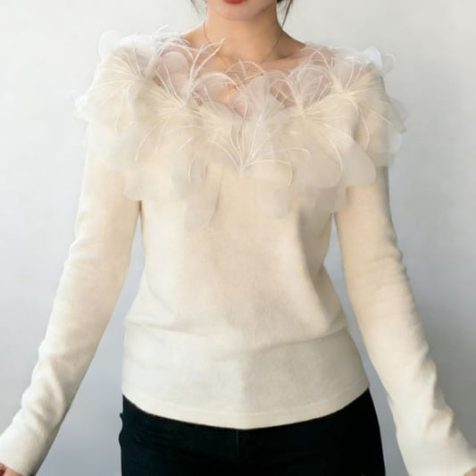 Lace Panel Long Sleeve Plain Top
