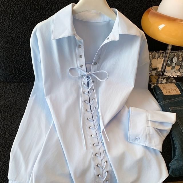 Collared Lace Up Long Sleeve Blouse
