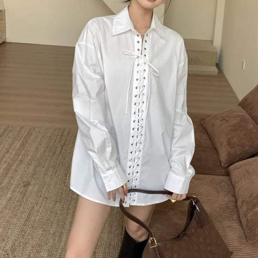 Collared Lace Up Long Sleeve Blouse