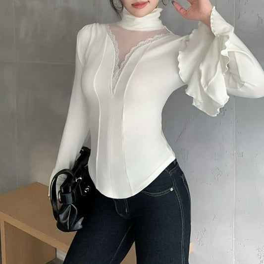 Turtleneck Mesh Panel Lace Trim Slim Fit Tee