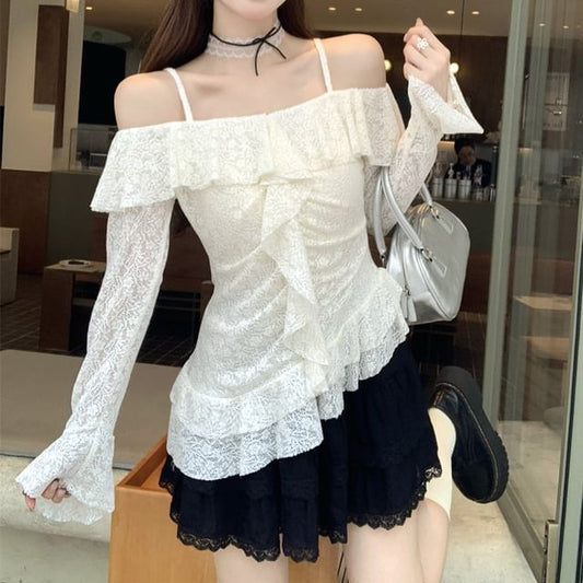 Cold Shoulder Asymmetrical Ruffle Lace Slim Top