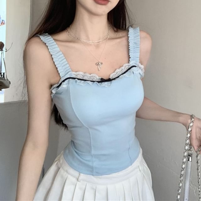 Square Neck Lace Trim Padded Crop Tank