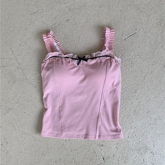 Square Neck Lace Trim Padded Crop Tank