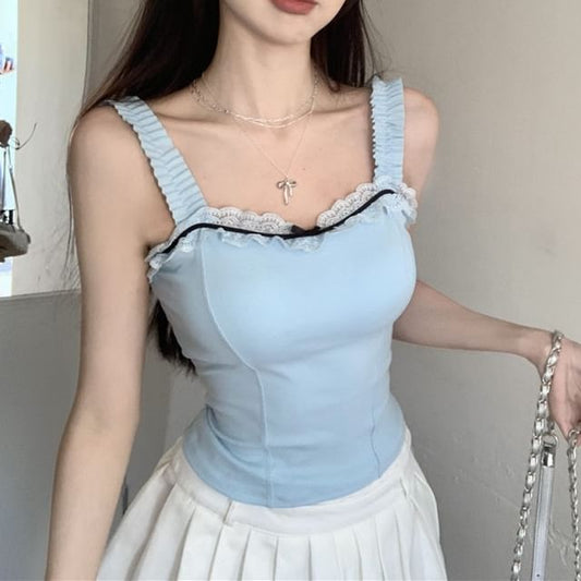 Square Neck Lace Trim Padded Crop Tank