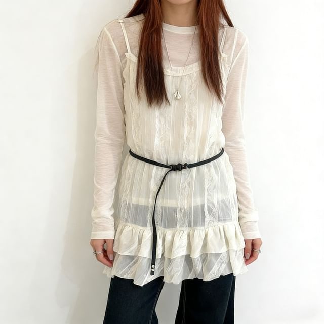 Crew Neck Sheer Tee Spaghetti Strap Lace Mini Dress