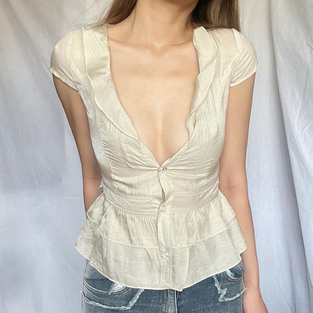 Deep Plunge Cap-Sleeve Peplum Blouse