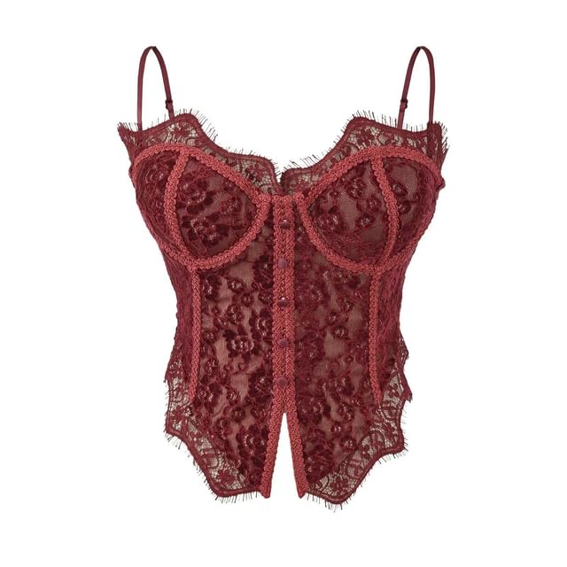 Lace Corset Top with Frill Trim and Spaghetti Straps