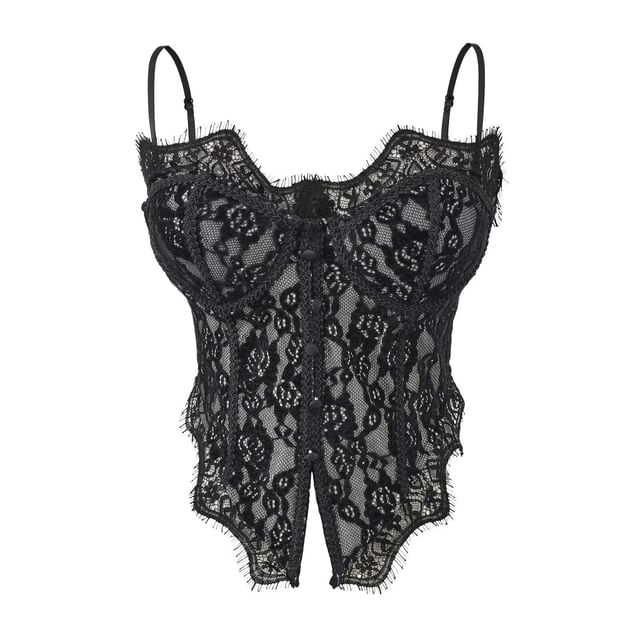 Lace Corset Top with Frill Trim and Spaghetti Straps