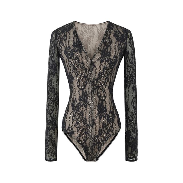 Extended Sleeve V-Neck Lace Bodysuit Blouse