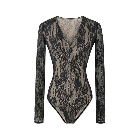 Extended Sleeve V-Neck Lace Bodysuit Blouse