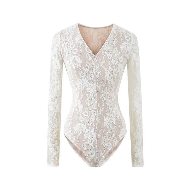 Extended Sleeve V-Neck Lace Bodysuit Blouse