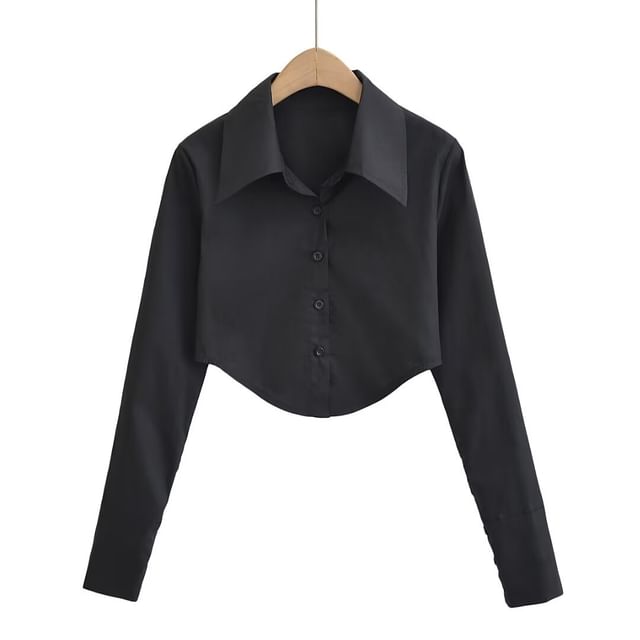 Collared Cropped Button-Down Long-Sleeve Shirt
