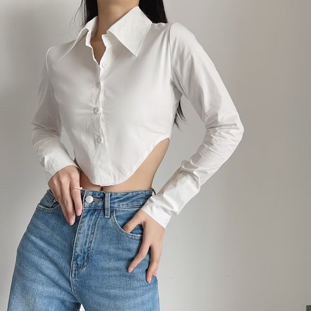 Collared Cropped Button-Down Long-Sleeve Shirt